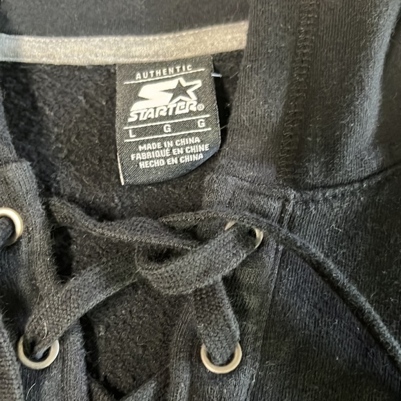 Black Starter pullover Hoodie with faux leather stripes on arms and bottom - Picture 3 of 6